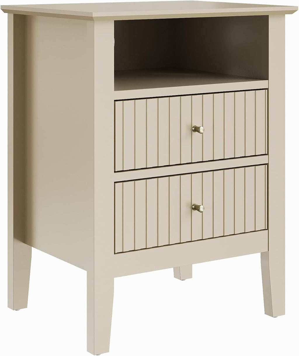 RoyalCraft Beige Fluted Nightstand with 2 Drawers, Colorful Nightstand for Bedroom, Modern Wooden End Table with Storage for Small Spaces, Tall Side Sofa Table for Couch, Home Office
