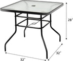 Tangkula 32" Square Outdoor Dining Table with Tempered Glass Top, Outside Bistro Table with 2" Umbrella Hole & Metal Frame, Patio Dining Table for Backyard, Lawn, Deck & Poolside