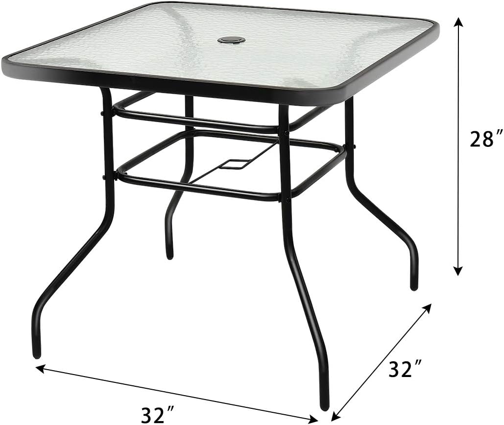 Tangkula 32" Square Outdoor Dining Table with Tempered Glass Top, Outside Bistro Table with 2" Umbrella Hole & Metal Frame, Patio Dining Table for Backyard, Lawn, Deck & Poolside