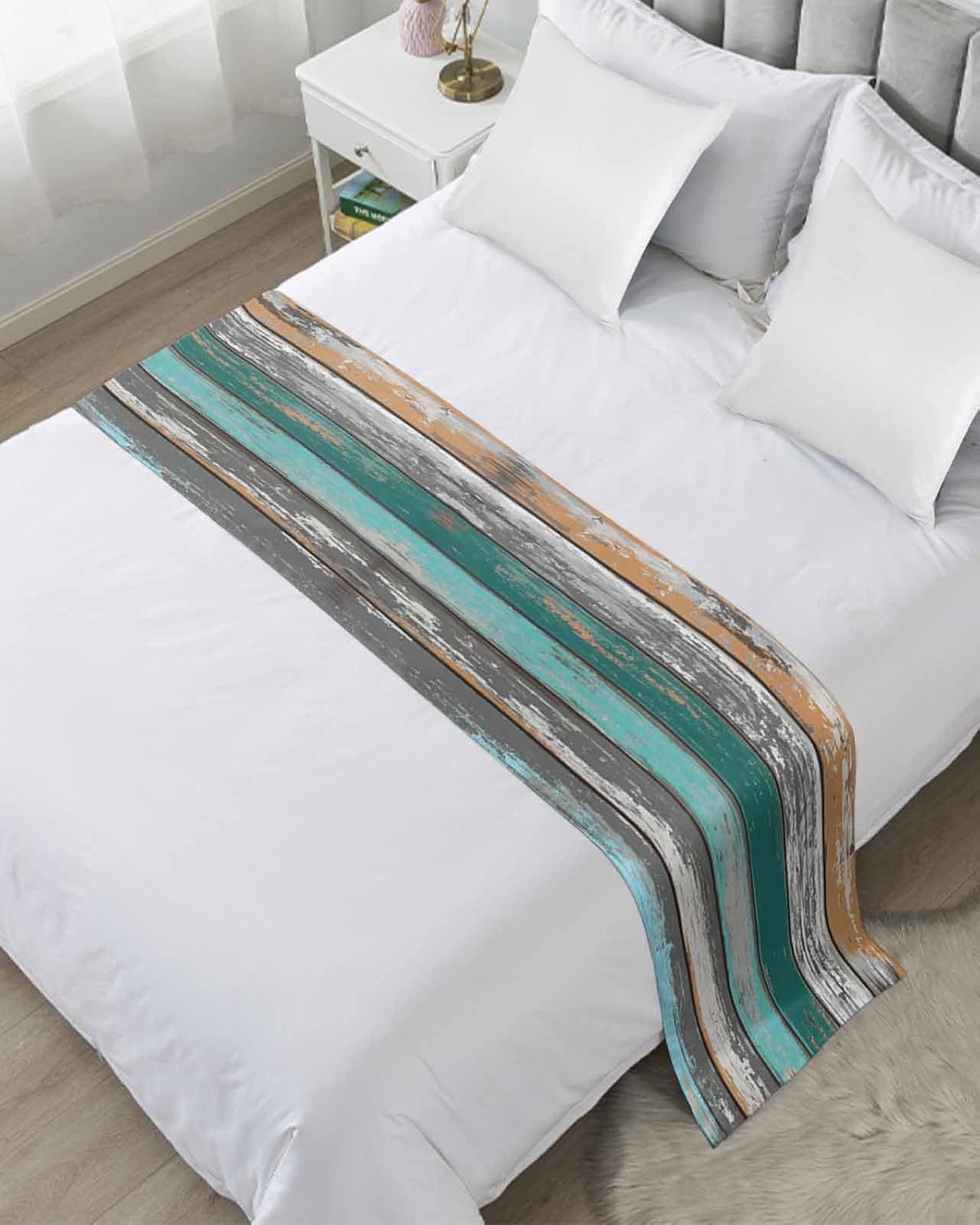 Teal Orange Grey Bed Runners for Queen Size Beds, Decorative Bed Throws for Foot of Beds, Luxury Bedding Protector Slipcover Farmhouse Vintage Wooden Bedrunners & Scarves for Bedroom Hotel, 94"x20"