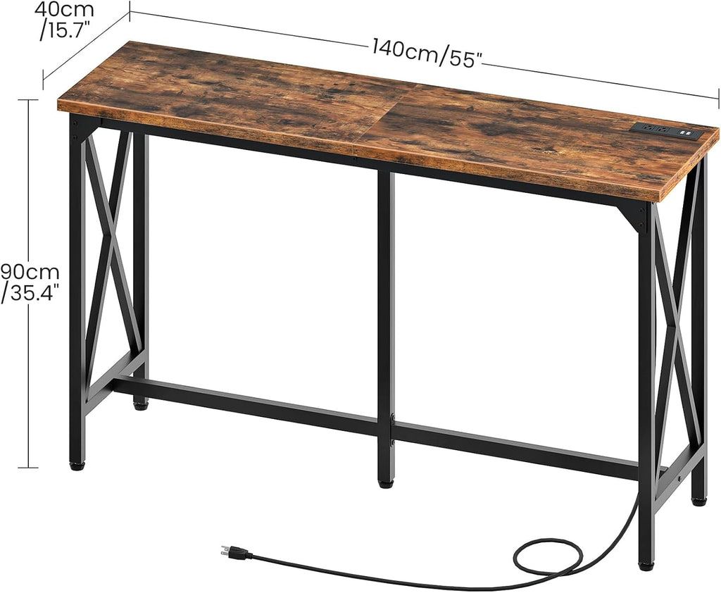 CHOEZON 55'' Bar Table, Kitchen Dining Table with Power Outlet and Footrest, Industrial Style, for Pub, Living Room, Rustic Brown and Black TBT09UBF