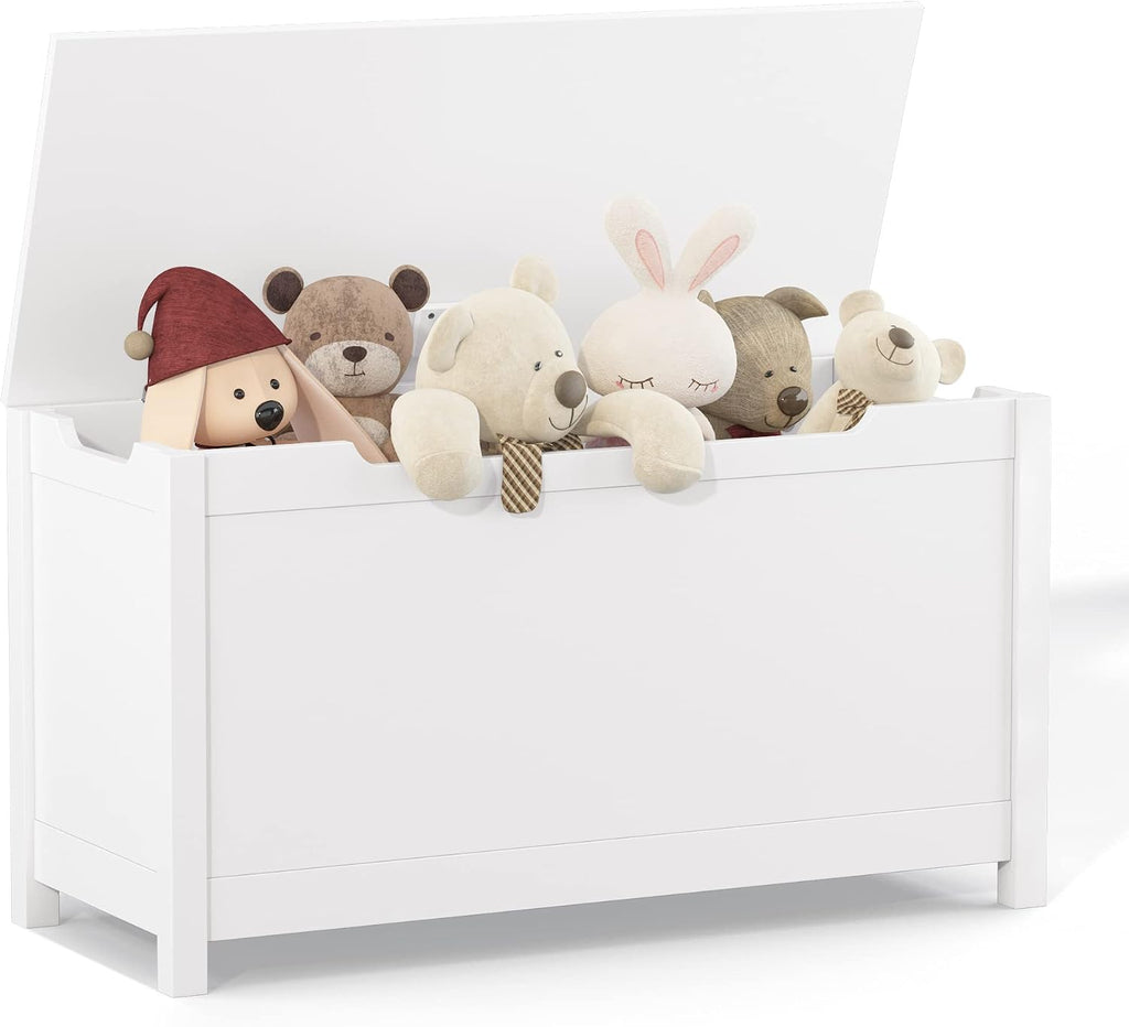 Kids Wooden Toy Chest with Safety Hinged Lid, 2.7 Cubic Feet Large Toy Box Storage Bench, Sturdy Toy Box for Living Room Bedroom, Suitable for Ages 3+ (White, MDF)