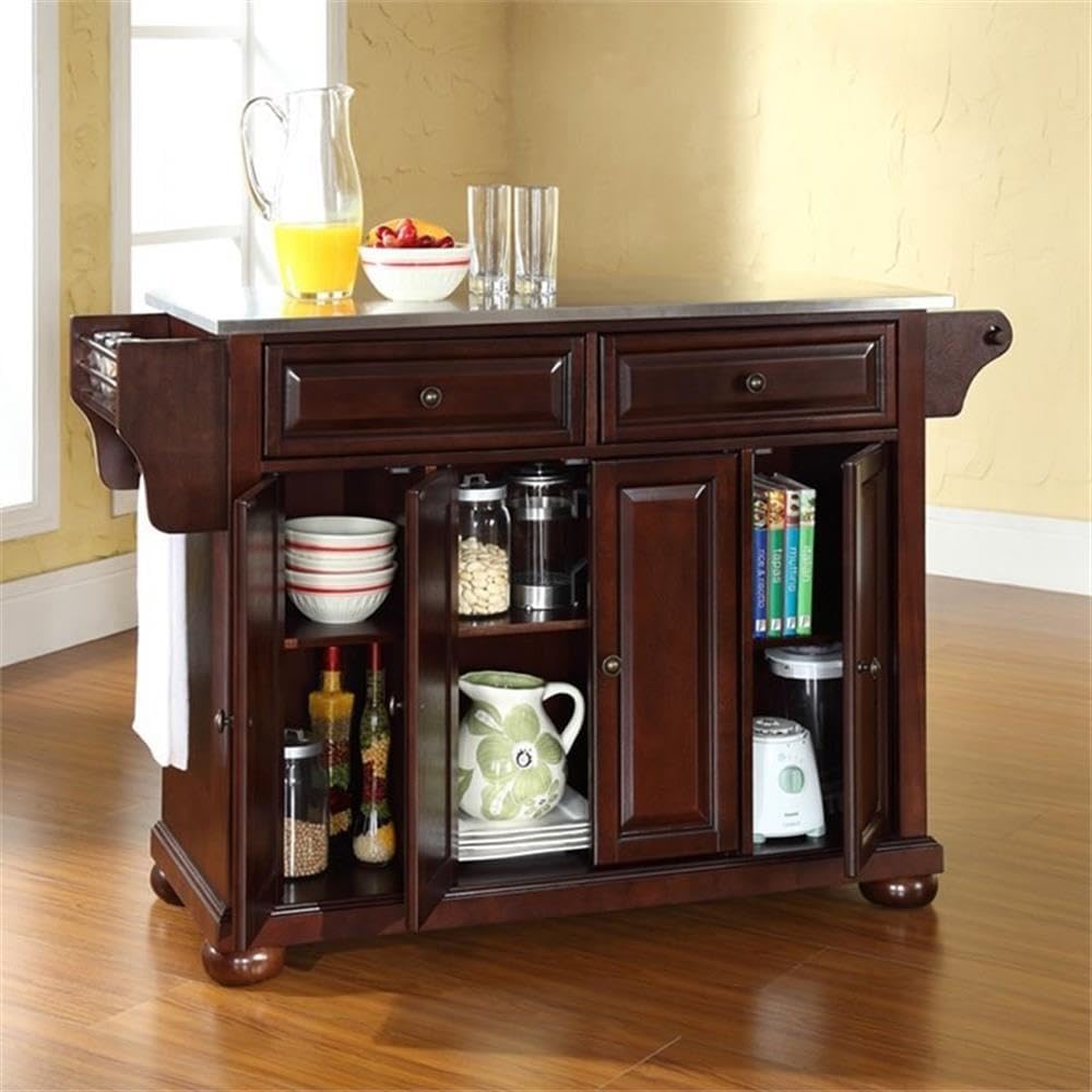 BOWERY HILL Wood Kitchen Island with Stainless Steel Top in Mahogany