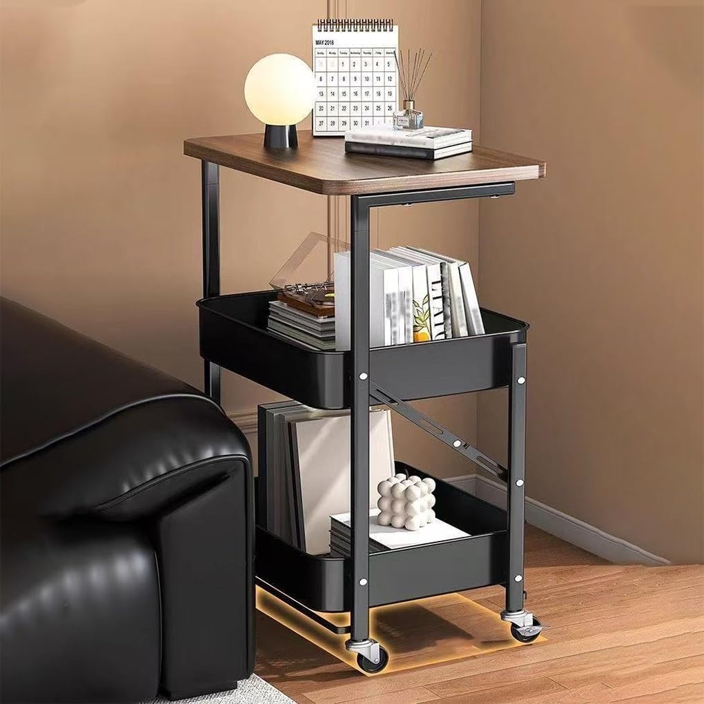 Foldable Narrow Modern Sofa Table with Open Storage Shelves, Movable Side Table End Table Snack Tables for Small Spaces Living Room Bedroom Bedside Balcony Kitchen(Black)