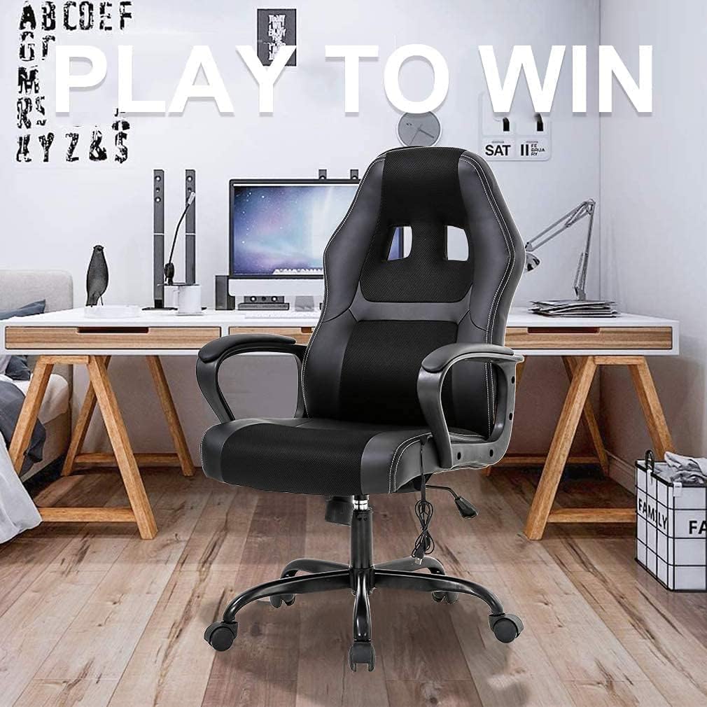 Gaming Chair Ergonomic Office PU Leather Video Game Adjustable Computer With Lumbar Support Armrest Rolling Swivel Task Work PC for Adult Teen, Black