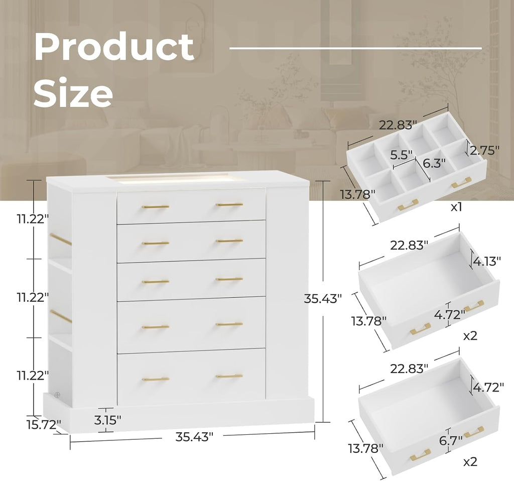 Closet Island with Glass Top, LED Lights and Jewelry Display, Bedroom Island with Open Shelves, Drawers Dresser & Walk-in Closet Island for Bedroom, Cloakroom, White 2