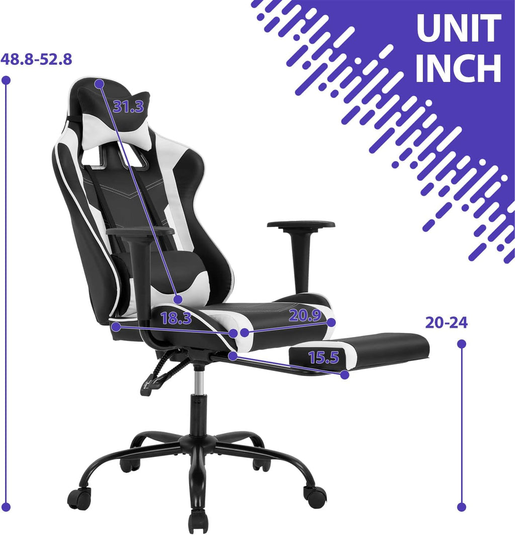 Gaming Chair Ergonomic Computer Racing Style Office Chair Adjustable High Back Gamer Chair for Home Office with Footrest Headrest Lumbar Support,White