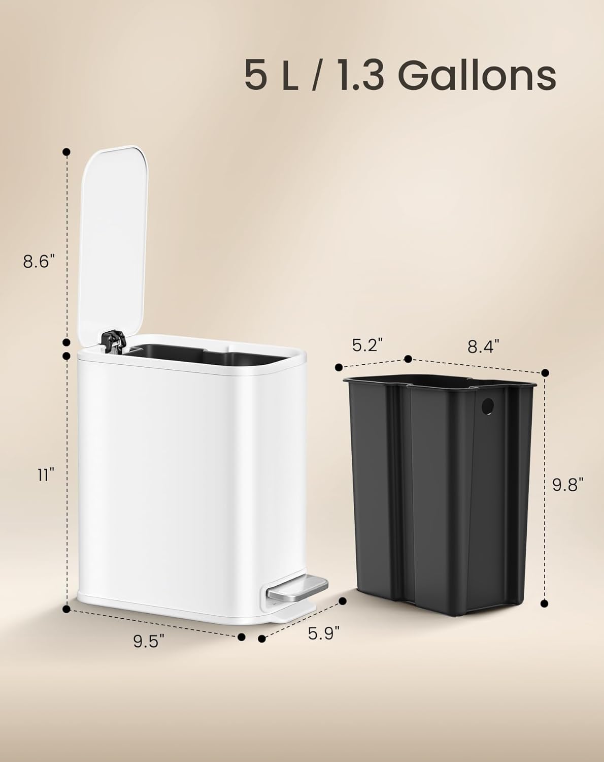 Cesun Small Bathroom Trash Can with Lid Soft Close, Step Pedal, 5 Liter / 1.3 Gallon Stainless Steel Garbage Can with Removable Inner Bucket, Waste Basket for Bathroom, Bedroom (White)