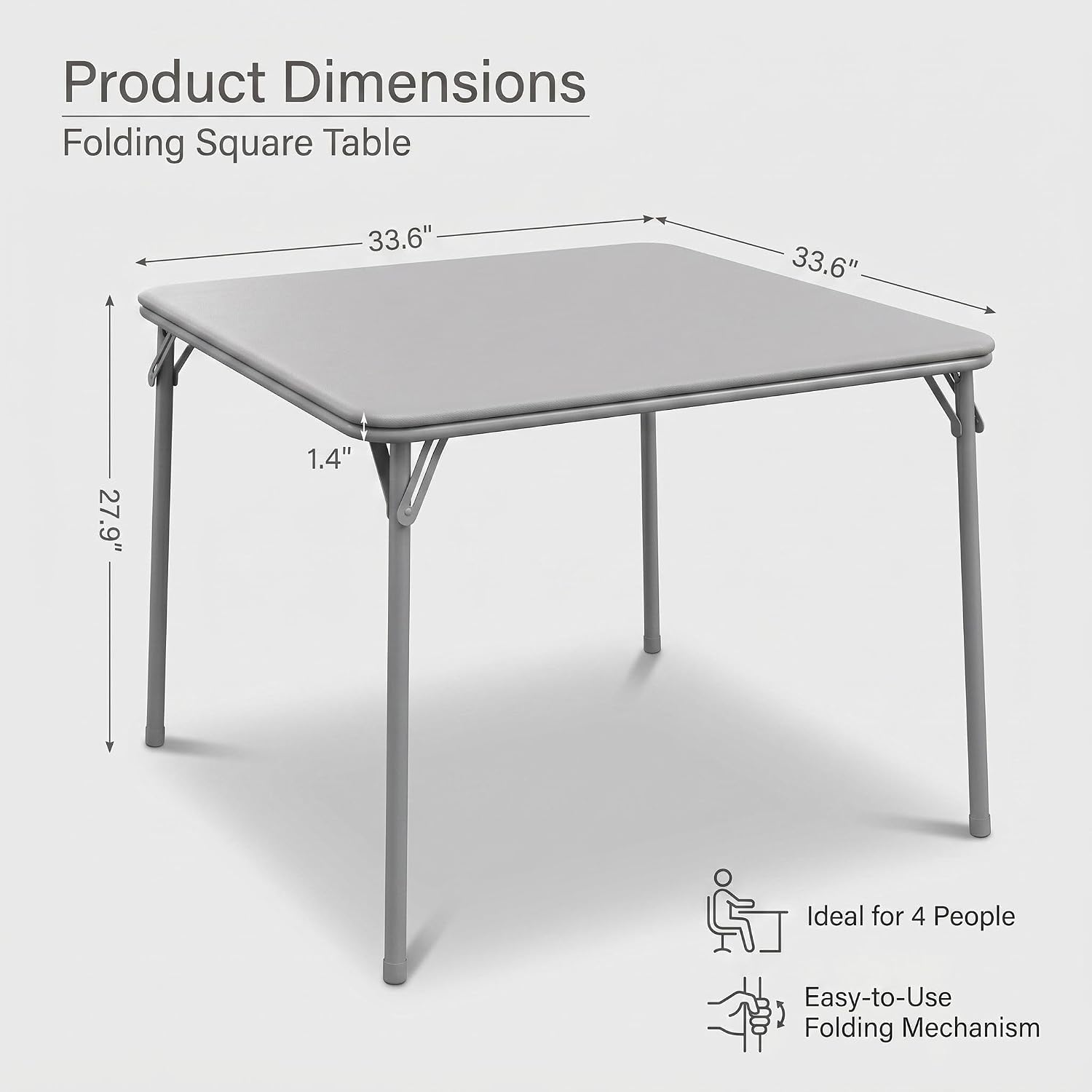 Garvee 34 Inch Square Folding Card Table for 4 Players, Portable Foldable Table with Waterproof PU Padded Top, Easy Setup Anti-Wobble Metal Frame for Board Games, Dining & Parties, Grey，Table only