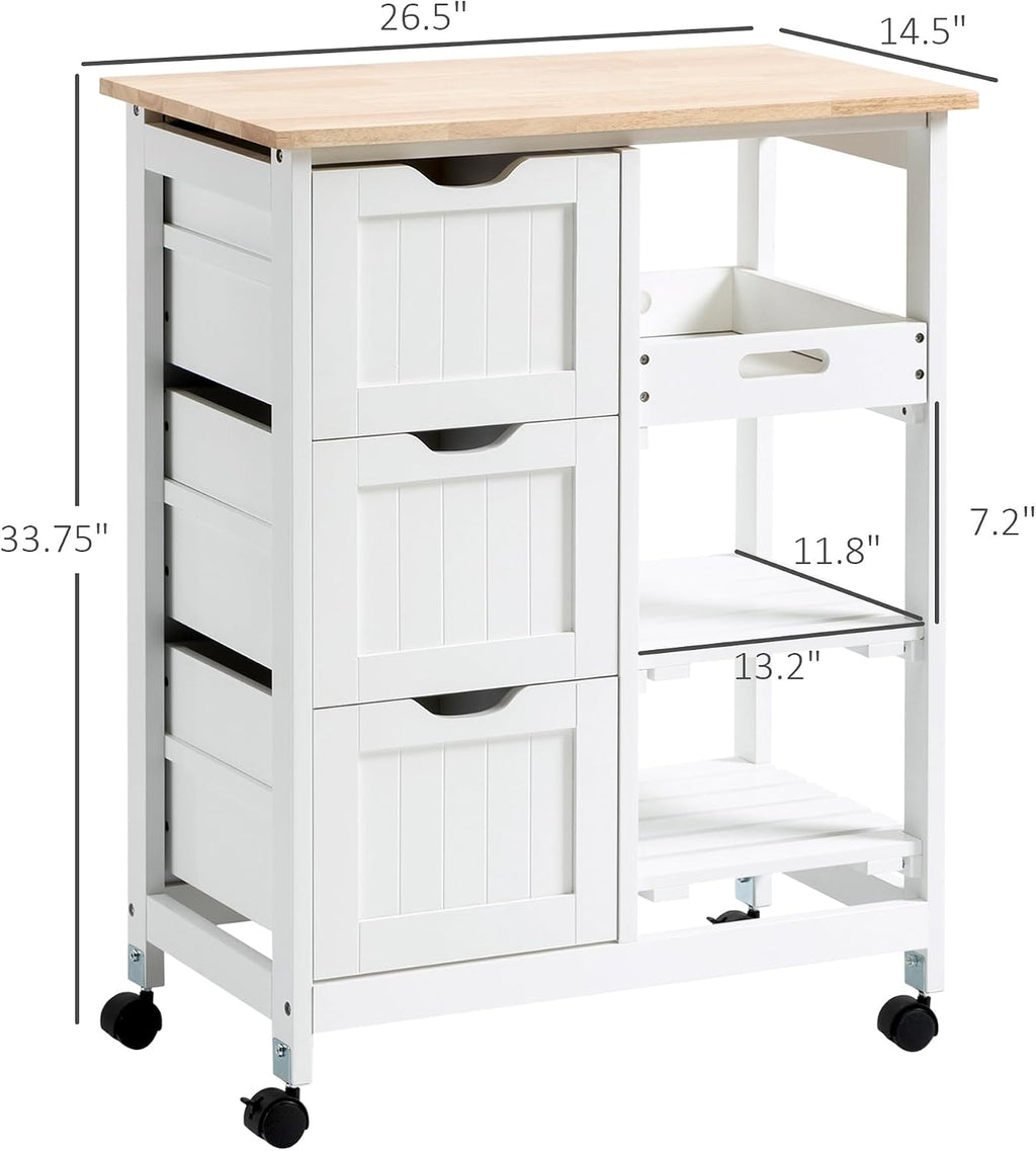 HOMCOM Rolling Kitchen Island Cart, Bar Serving Cart, Compact Trolley on Wheels with Wood Top, Shelves & Drawers for Home Dining Area, White