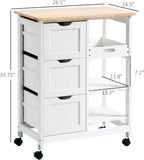 HOMCOM Rolling Kitchen Island Cart, Bar Serving Cart, Compact Trolley on Wheels with Wood Top, Shelves & Drawers for Home Dining Area, White