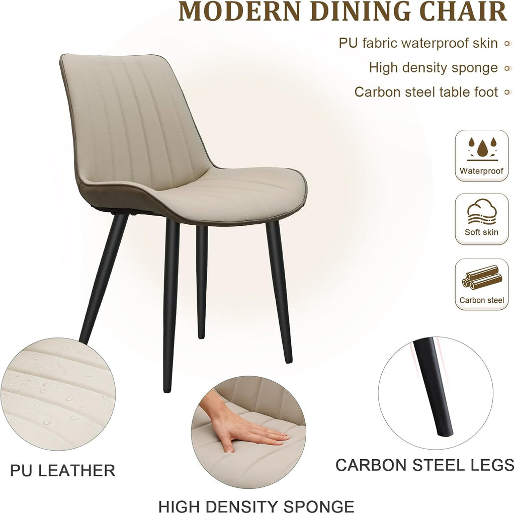 Dining Chairs Set of 6, Leather Modern Kitchen & Dining Room Chairs, Comfortable Upholstered Kitchen Chairs with Metal Legs Armless Side Chairs for Bedroom Restaurant Cafe, Khaki & Dark Grey