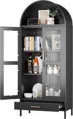 72.83" H Black Metal Arched Cabinet with 1 Drawer,Arched Cabinet with Glass Doors for Home Office Living Room, Assembly Required