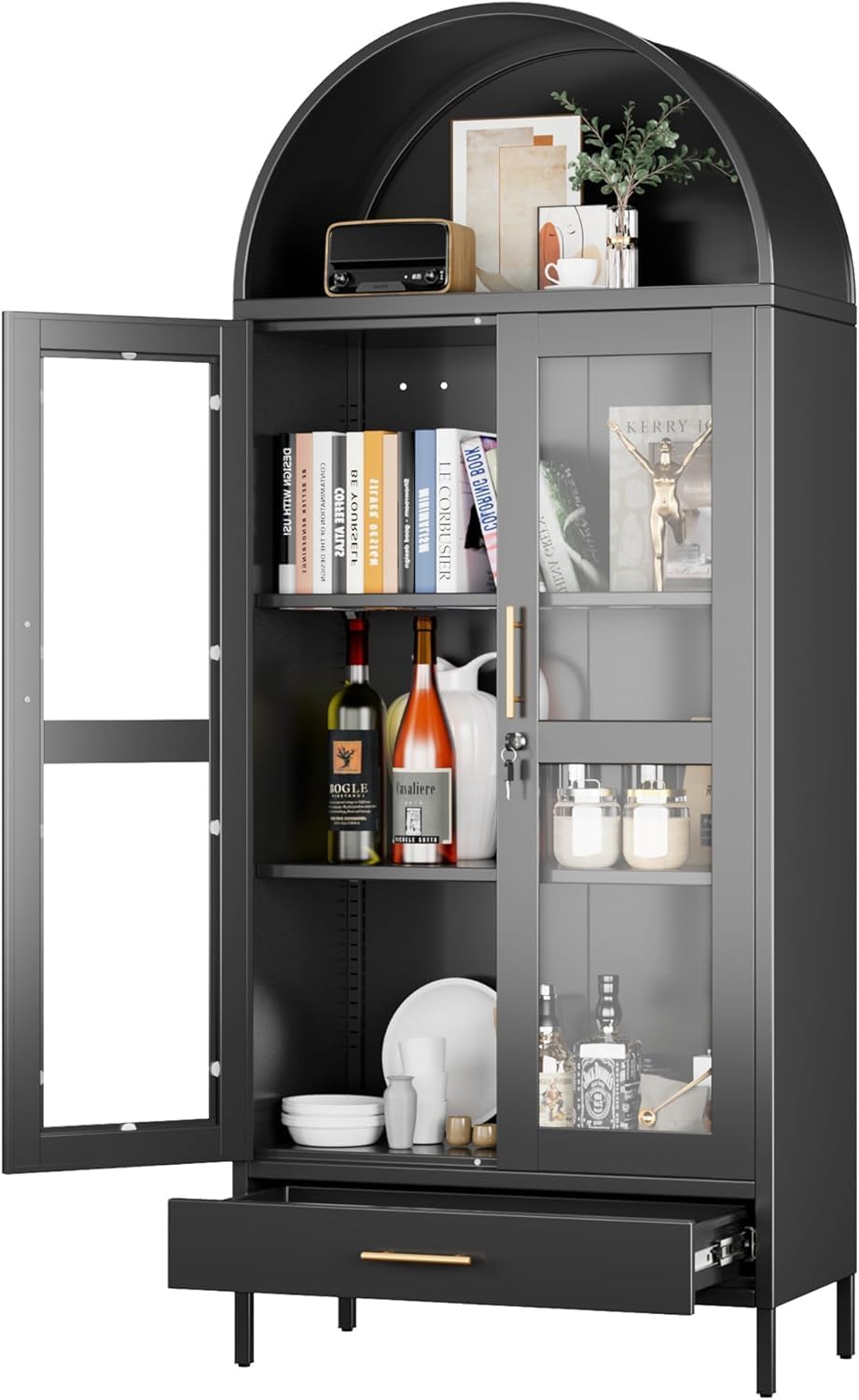 72.83" H Black Metal Arched Cabinet with 1 Drawer,Arched Cabinet with Glass Doors for Home Office Living Room, Assembly Required