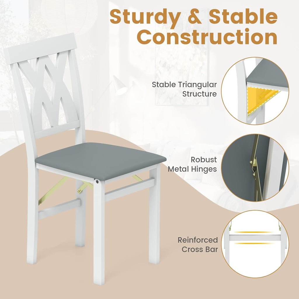 GOFLAME Folding Dining Chairs Set of 4, Foldable Kitchen Chairs with PVC Leather Padded Seat and Rubber Wood Frame, Elegant Hollowed Backrest, Wooden Dinner Chair Set for Dining Room, White