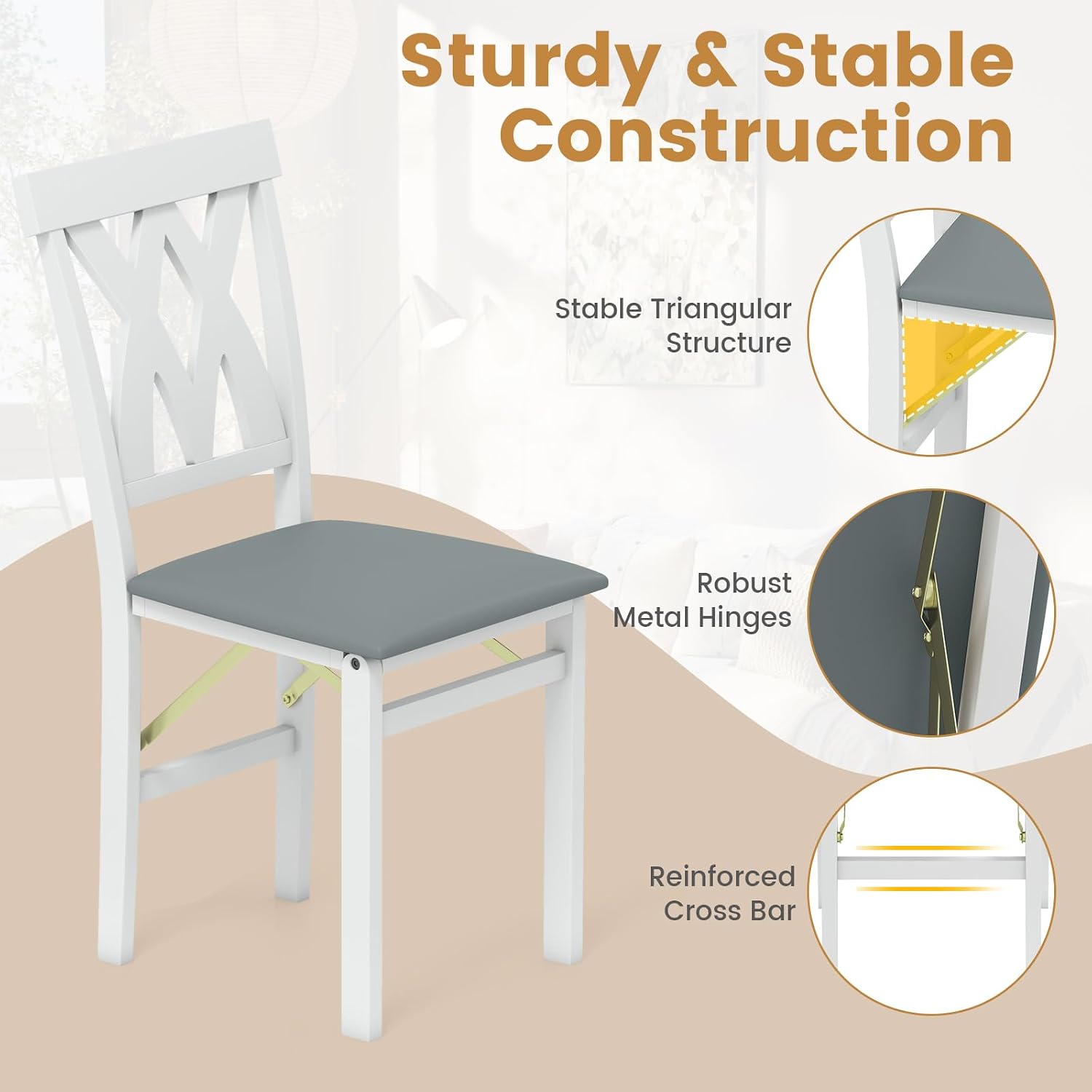 GOFLAME Folding Dining Chairs Set of 4, Foldable Kitchen Chairs with PVC Leather Padded Seat and Rubber Wood Frame, Elegant Hollowed Backrest, Wooden Dinner Chair Set for Dining Room, White