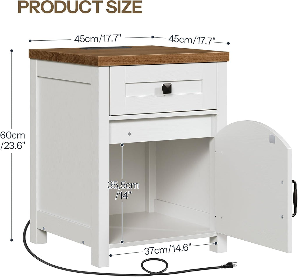 HOOBRO Farmhouse End Table with Charging Station, End Tables Living Room with Drawer, Rustic Nightstand with Arched Barn Door, Wooden Sofa Side Bedside Table, White and Walnut WH406UBZ01