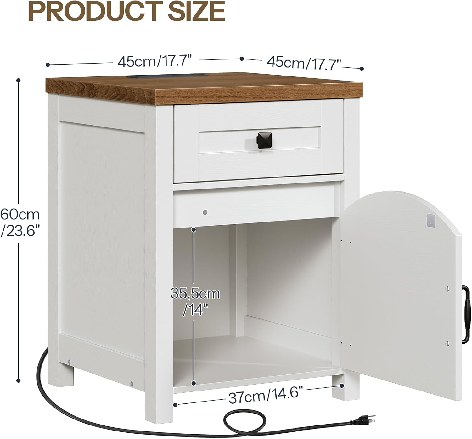 HOOBRO Farmhouse End Table with Charging Station, End Tables Living Room with Drawer, Rustic Nightstand with Arched Barn Door, Wooden Sofa Side Bedside Table, White and Walnut WH406UBZ01