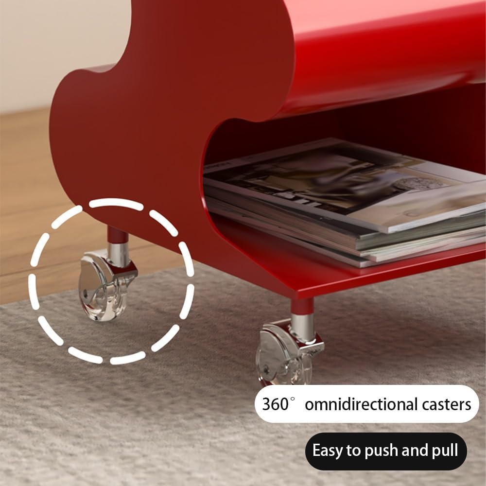 S-Shaped ABS Plastic Side Table, Movable Bedside Table with Wheels, Minimalist and Creative Sofa Table, Small Multi-Layer Magazine Rack, Coffee Table with Storage Function(Red)