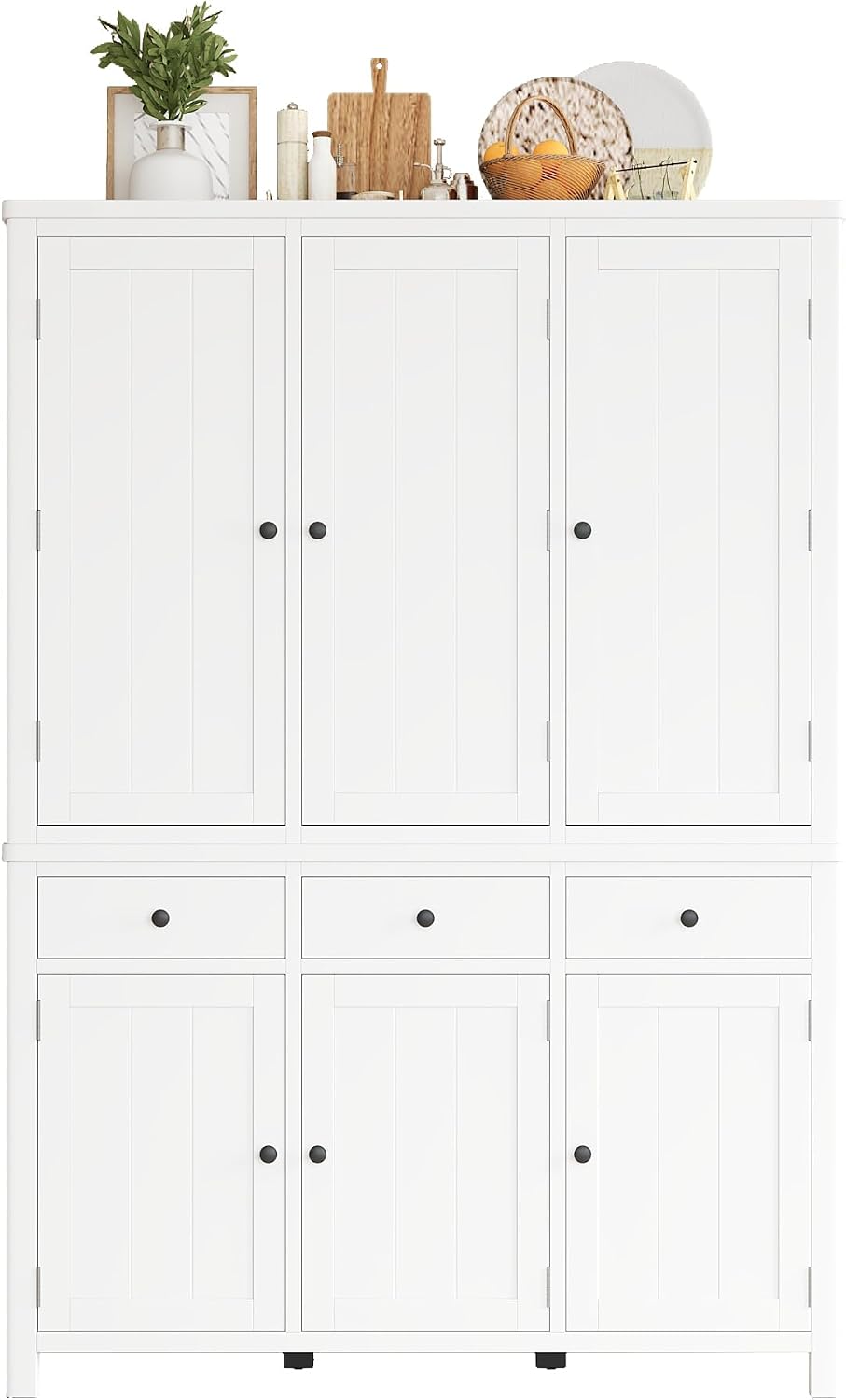 74.8" H Farmhouse Kitchen Pantry Cabinet with Pull-Out Trays, 53" L x 20" W Large Cupboard Storage Cabinet with 3 Drawers and Adjustable Shelves for Dining Room, Kitchen, White