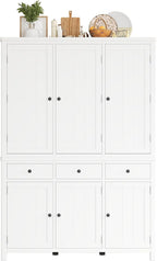 74.8" H Farmhouse Kitchen Pantry Cabinet with Pull-Out Trays, 53" L x 20" W Large Cupboard Storage Cabinet with 3 Drawers and Adjustable Shelves for Dining Room, Kitchen, White
