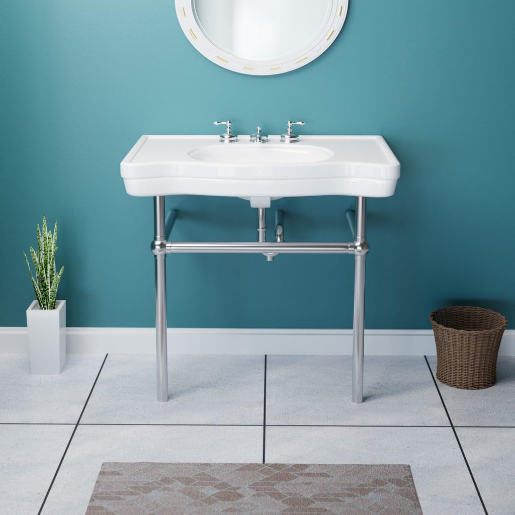 Renovators Supply Manufacturing Wall Mount Bathroom Sink – 35.5" Wide Belle Epoque White Porcelain Console Sink with 8" Widespread Faucet Holes, Pedestal Style, Brass Metal Legs in Chrome Finish