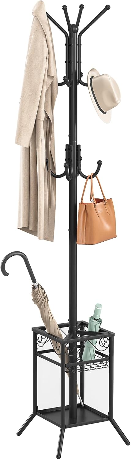ELYKEN Coat Rack Freestanding, Metal Coat Rack with Umbrella Holder | 12 Hooks, Square Base, Heavy Duty Floor Standing Coat Tree for Entryway, Hallway, Living Room, Bedroom, Office, Black