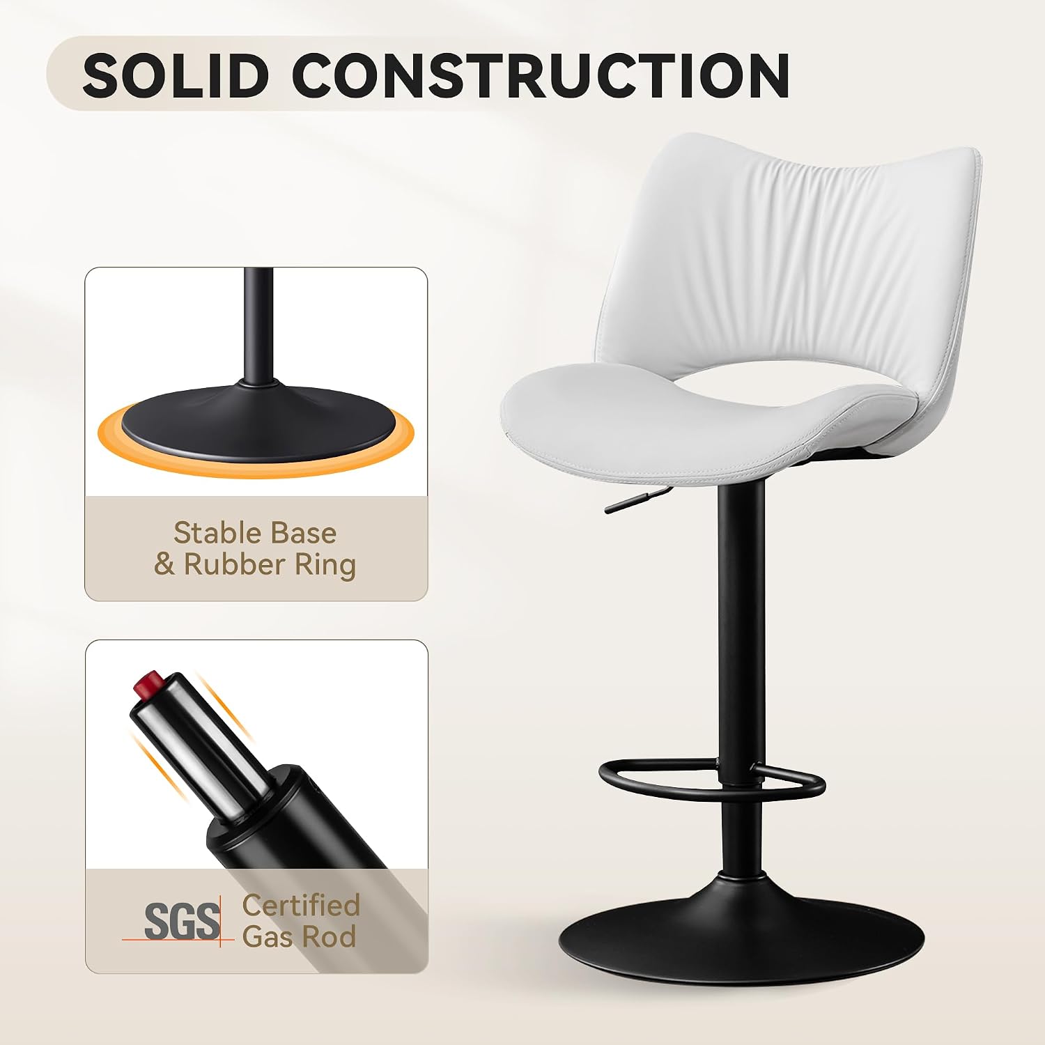Rowill Bar Stools Set of 2 Modern Counter Height Barstools Swivel Adjustable White Faux Leather Bar Chairs for Kitchen Island with Back and Metal Base