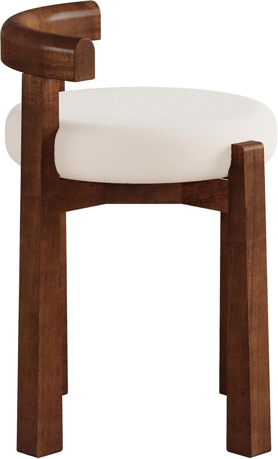 Wood Vanity Stool with Faux Wool Cushion, Upholstered Makeup Chair with Solid Wood Frame, Round Vanity Ottoman Seat for Makeup, Bedroom, Living Room, 20-Minute Assembly (Only Stool)