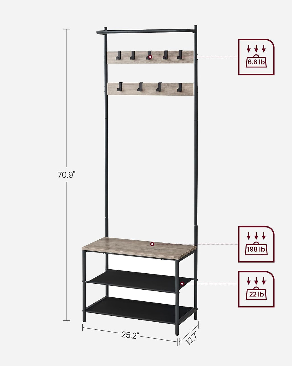 VASAGLE Hall Tree with Bench and Shoe Storage, Entryway Bench with Coat Rack Stand and Shoe Rack, 9 Movable Hooks, Top Bar, Fabric Shelves, Industrial, Greige and Black UHSR411B02