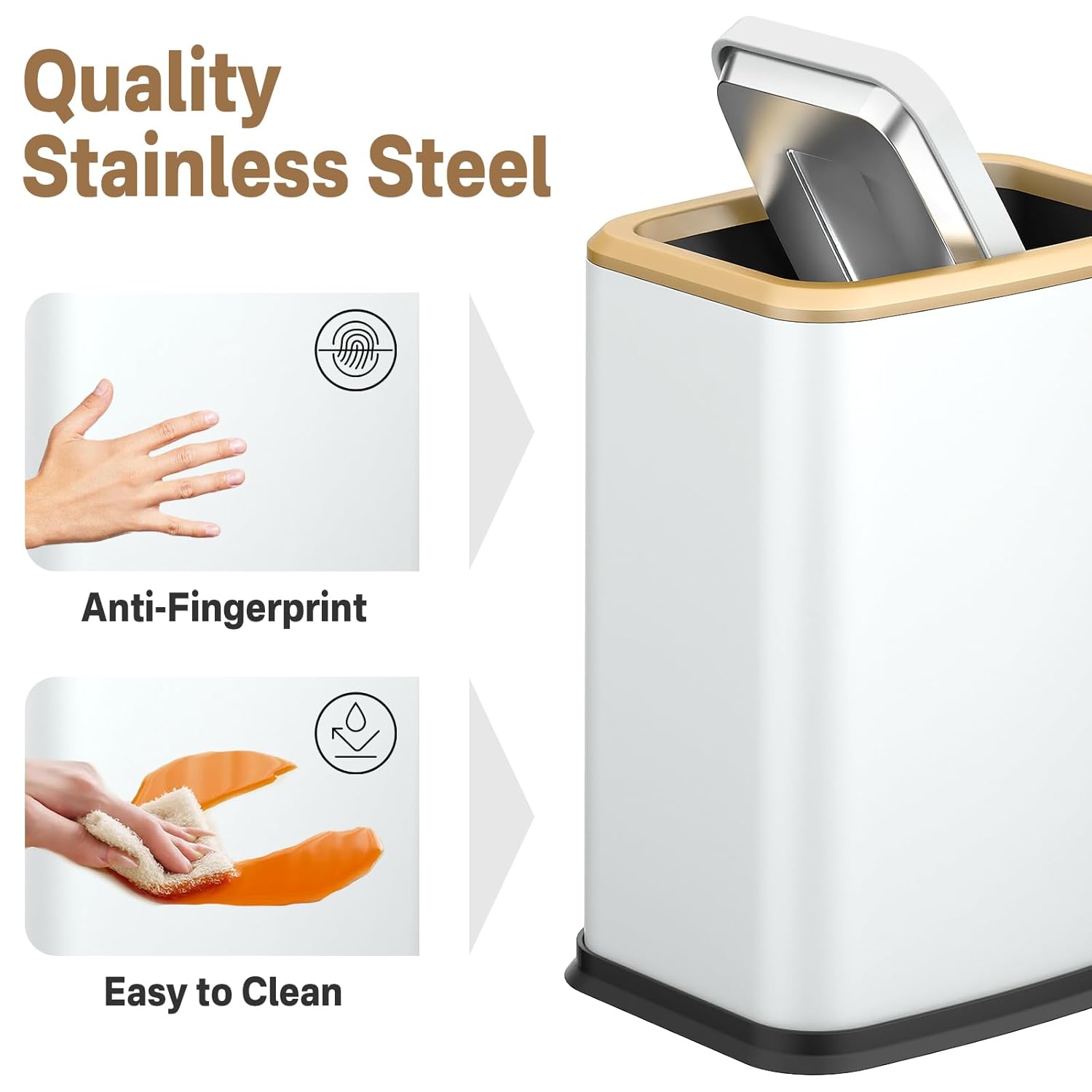 2.1 Gal Slim Bathroom Trash Can with Swing Lid, Rustproof Stainless Steel Small Garbage Can for Narrow Spaces & Toilet Side, Dog Proof Odor Control Waste Basket for Bedroom/Office, White