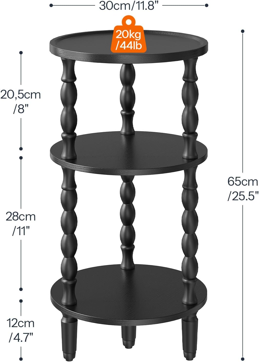 HOOBRO Round Side Table for Small Space, 3-Tier Small Round End Table with Rubberwood Leg, Accent Bedside Table, Circle Nightstand, Living Room, Bedroom, Sofa Couch, Black BK218BZ01