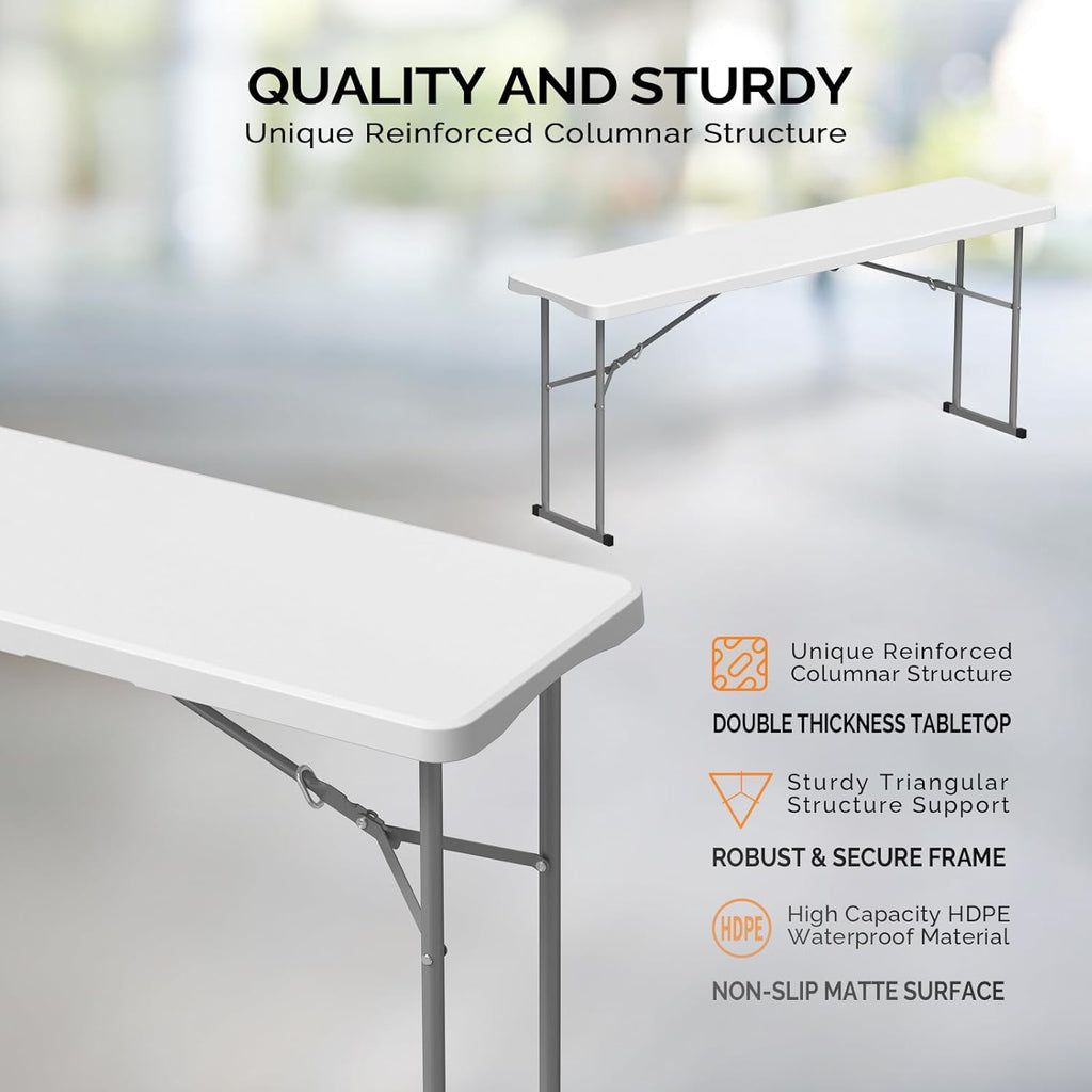 VINGLI 6 FT Narrow Folding Table, Tabletop Folded in Half, Premium Quality HDPE Material and Sturdy Metal Frame, Perfect for Buffet, Seminar, Party, Training, Home Work, White