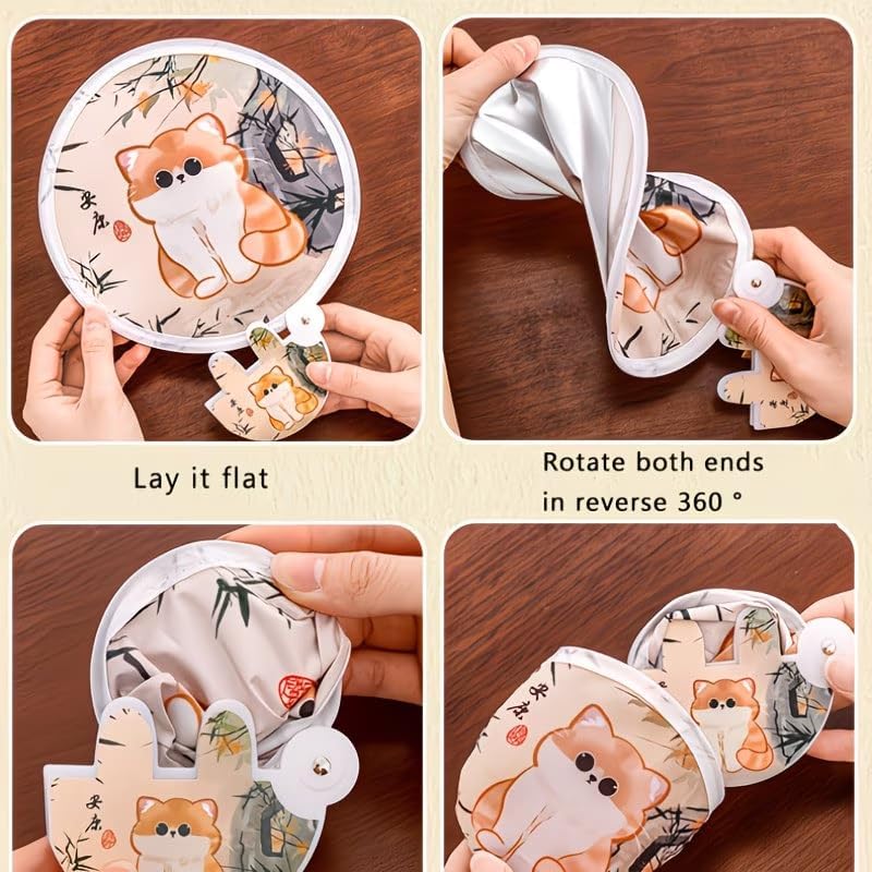 2Pcs Cute Cat Folding Fans, Maneki-Neko Design, 2-in-1 Cooling & Sun Protection, Quiet Portable Handheld Fans with Storage Bag,3.93 x 3.66 Inches Mini Size,Panda + Orange Cat