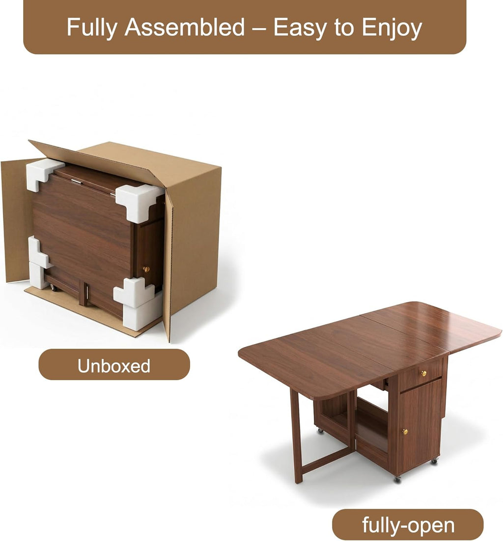 Drop Leaf Table and Chairs - 59" Fully Assembled Folding Dining Table 4-6 Seater with Storage and Lockable Wheels, Space-Saving Set with 4 Chairs for Kitchen or Dining Room (Walnut)