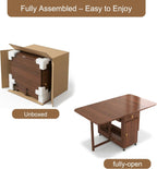 Drop Leaf Table and Chairs - 59" Fully Assembled Folding Dining Table 4-6 Seater with Storage and Lockable Wheels, Space-Saving Set with 4 Chairs for Kitchen or Dining Room (Walnut)