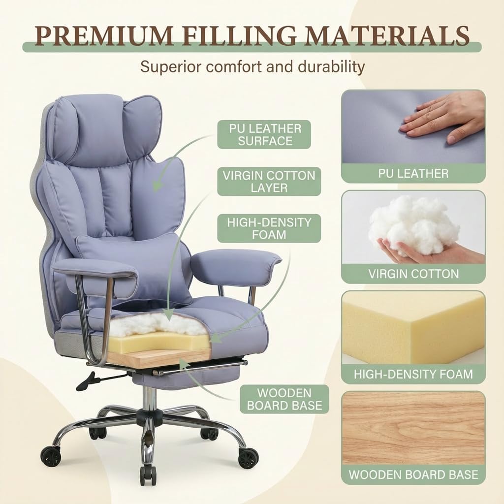 Big and Tall Office Chair 400lbs - Heavy Duty Executive Desk Chair with Footrest, High Back PU Leather Ergonomic Computer Chair with Extra Wide Seat & Thick Cushion for Home Office (Purple)