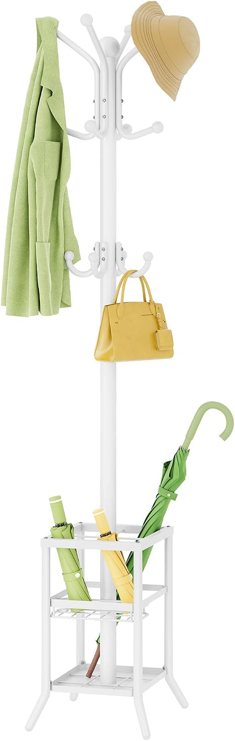 FAVOOSTY Coat Rack Freestanding,Coat Rack Stand with Umbrella Holder,Metal Coat Tree with 12 Hooks,Tree Clothes Hat for Entryway, Hallway, Bedroom, Living Room & Office -White