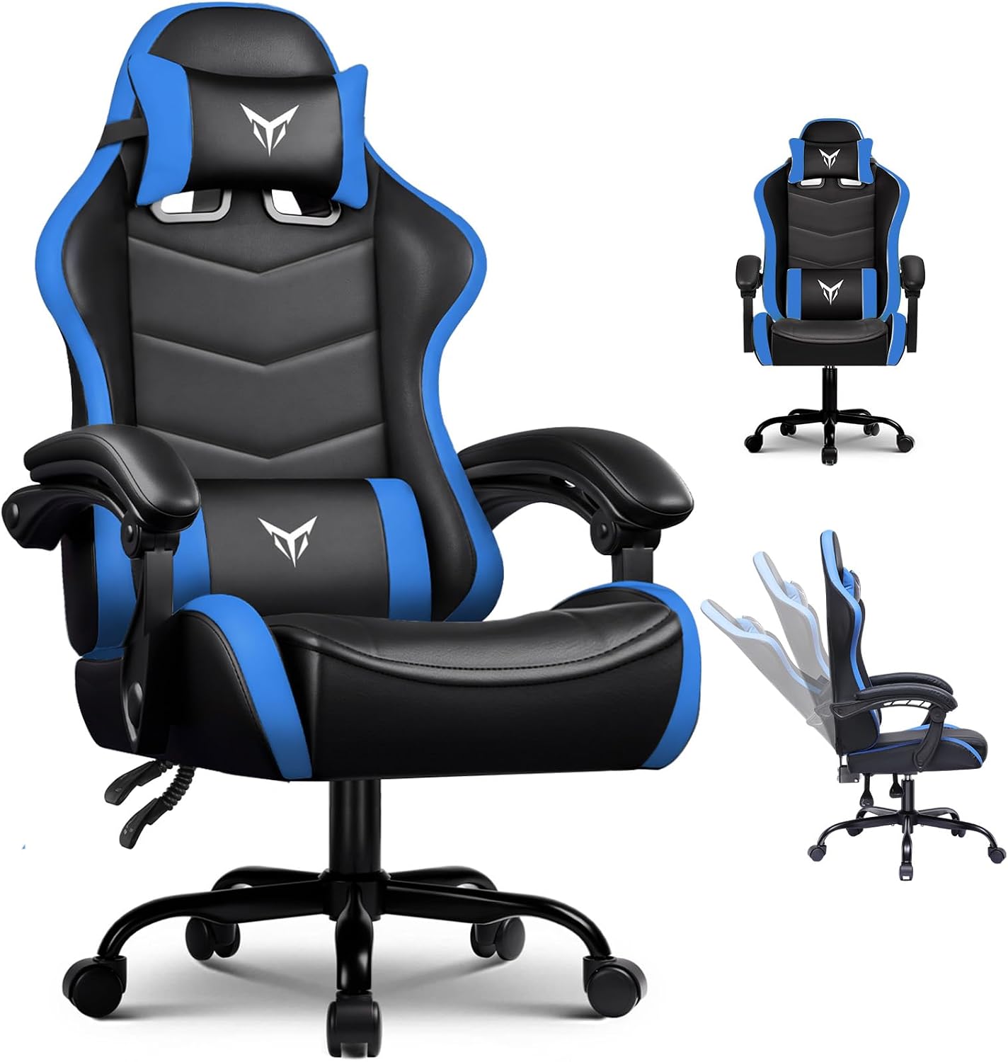 EXRACING Gaming Chair, Ergonomic Computer Chair 350lbs High Back for Adults, Height Adjustable Video Game Chair with Headrest and Lumbar Support, 360° Swivel, PU Leather, Linkage Armrest, Blue