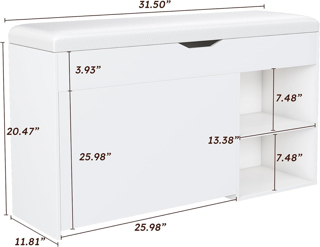 Shoe Storage Bench with Flip-Out Rack, Hidden Compartment, Open Shelves, White, 31.50" x 11.81" x 20.47
