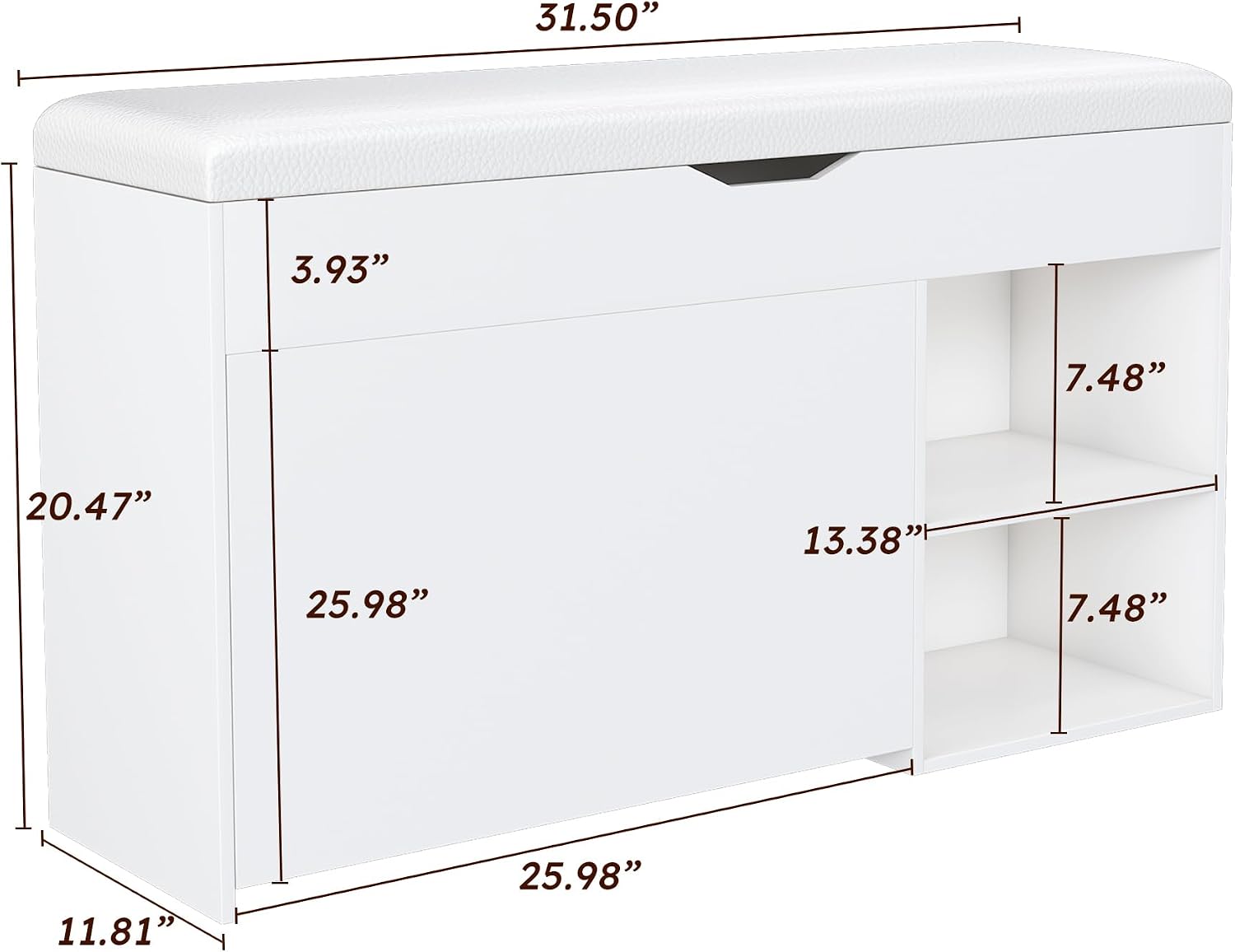 Shoe Storage Bench with Flip-Out Rack, Hidden Compartment, Open Shelves, White, 31.50" x 11.81" x 20.47