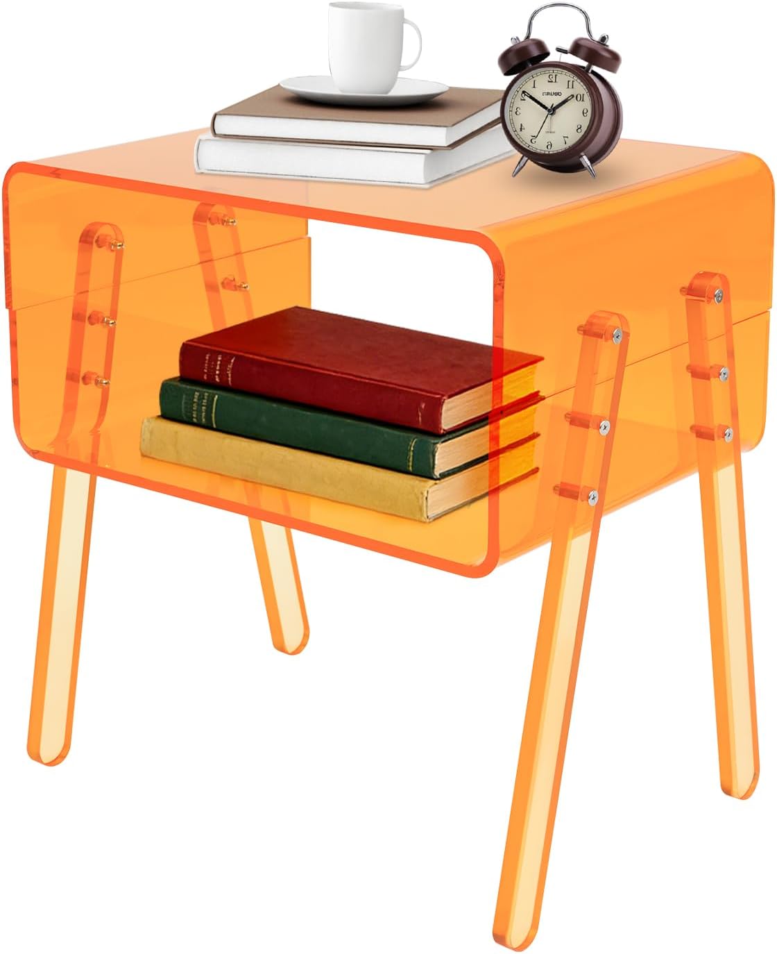 Acrylic Side Table, 2-Tier End Table with Open Storage, Modern Nightstand for Small Spaces, Easy-Clean Bedside Table for Living Room Bedroom Office (Orange)