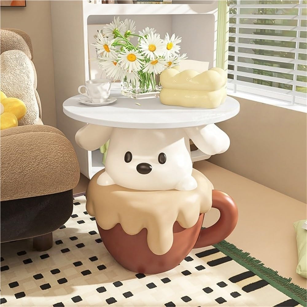 Modern Cute Puppy Side Table with Tray, Resin Dog Sculpture Accent End Table, Creative Bedside Coffee Tables for Living Room Bedroom Office Small Spaces, Funky Furniture for Home Decor