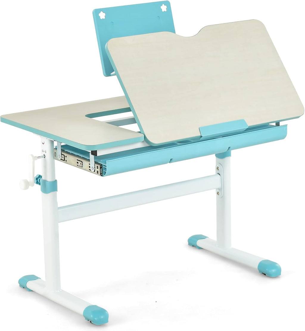 Costzon Kids Desk, Ergonomic Height-Adjustable Children Study Table w/Tiltable Desktop & Book Stand, Pull-Out Storage Drawer & Scale Ruler, Student Workstation for Writing, Drawing, Reading (Blue)