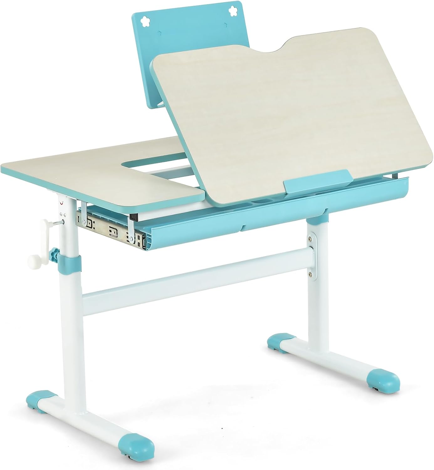 Costzon Kids Desk, Ergonomic Height-Adjustable Children Study Table w/Tiltable Desktop & Book Stand, Pull-Out Storage Drawer & Scale Ruler, Student Workstation for Writing, Drawing, Reading (Blue)