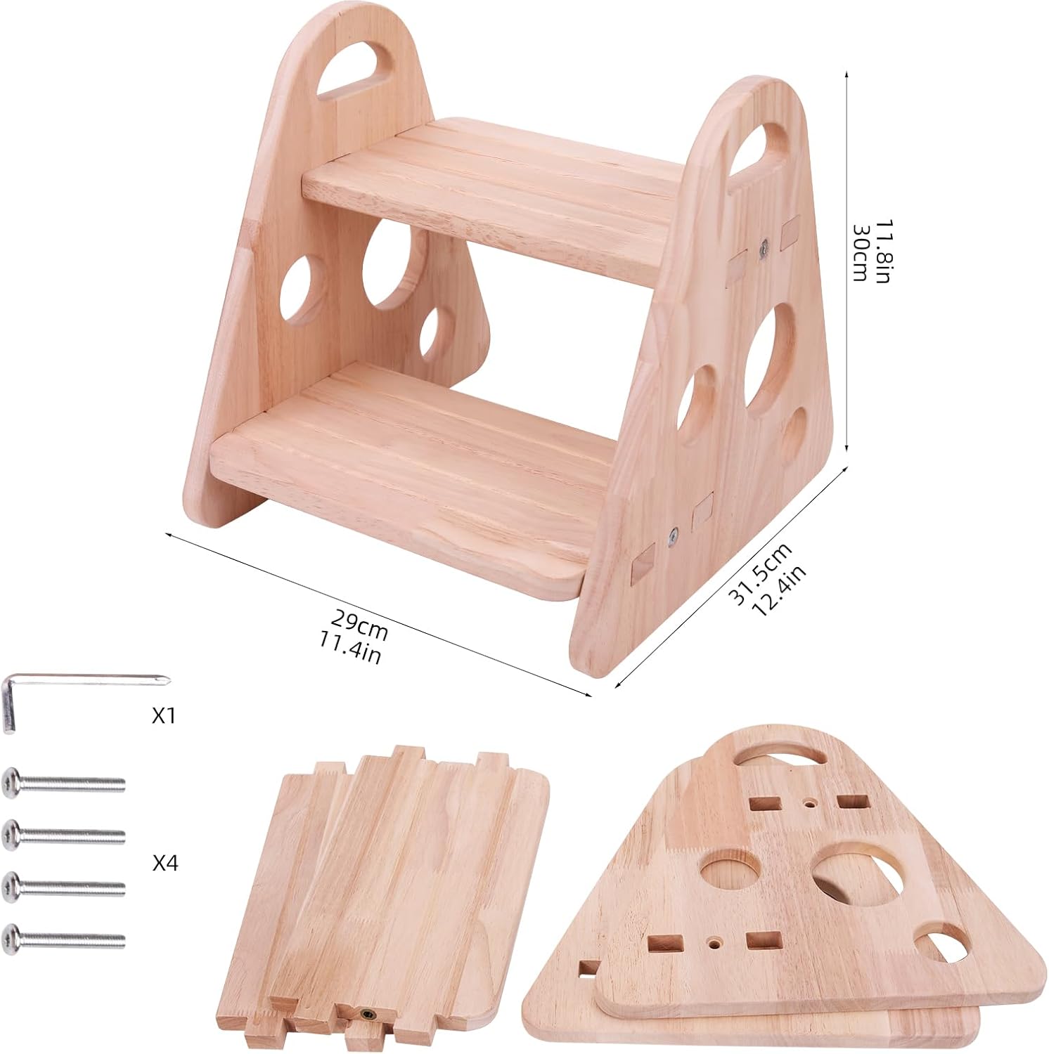 QZM Wooden Step Stool, trilateral Two Step Stools for Toddler 300 lbs Capacity with Safety Non-Slip Pads and Handles for Bathroom, Kitchen Dual Height for Kids, Natural