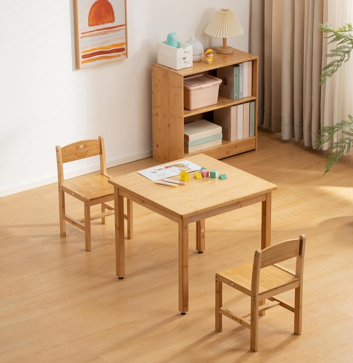 UNICOO Kids Table and 2 Chairs Set with Bookshelf, Bamboo Toddler Desk and Chair Set, Wooden Kids Activity Table and Study Desk for Reading, Writing, Drawing, Playroom, Classroom, Natural