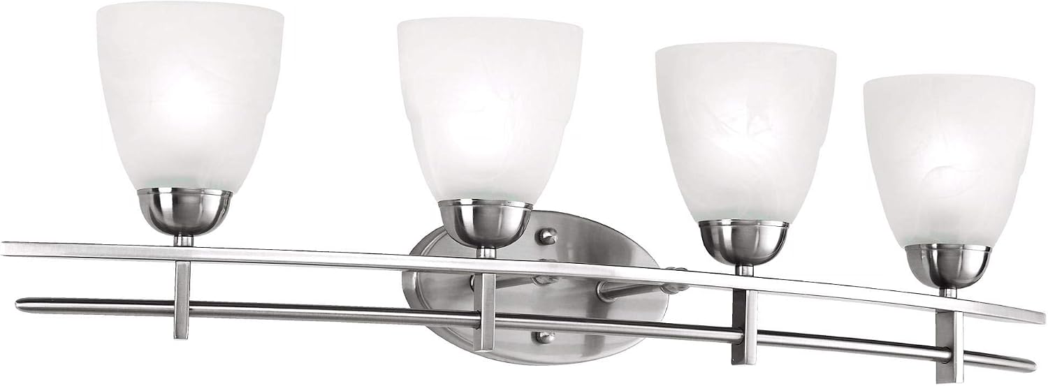Possini Euro Design Art Deco Modern Wall Mount Light Brushed Nickel Silver Metal Hardwired 33" Wide 4-Light Fixture Trio Marbleized Glass Shades for Bathroom Vanity Mirror House Home Room Decor