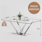 Rectangle Glass Dining Table for 4-6, 62" with Tempered Glass Table Top and Crossed Stainless Steel Base, Modern Kitchen Table for Home, Kitchen, Dining Room, Silver