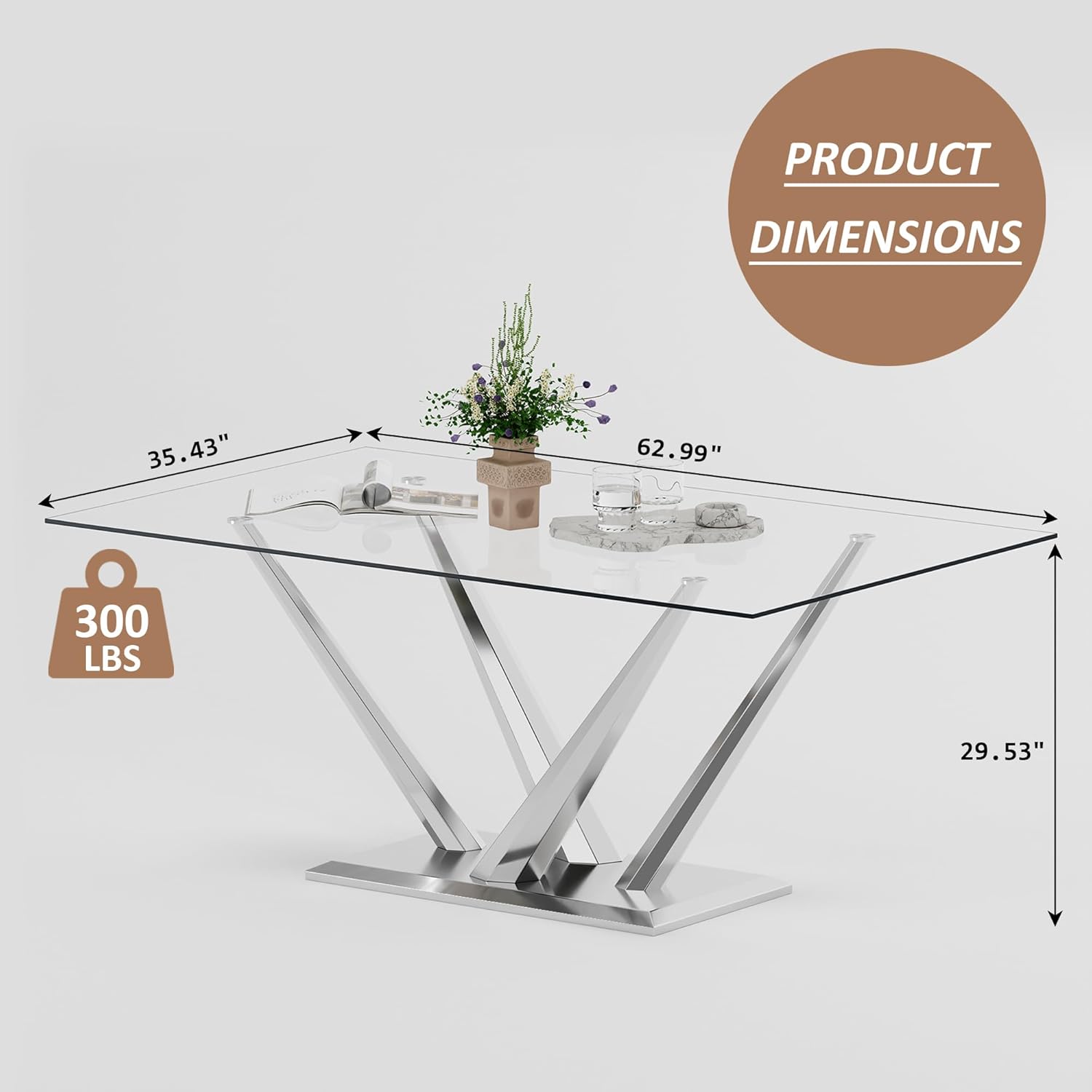 Rectangle Glass Dining Table for 4-6, 62" with Tempered Glass Table Top and Crossed Stainless Steel Base, Modern Kitchen Table for Home, Kitchen, Dining Room, Silver